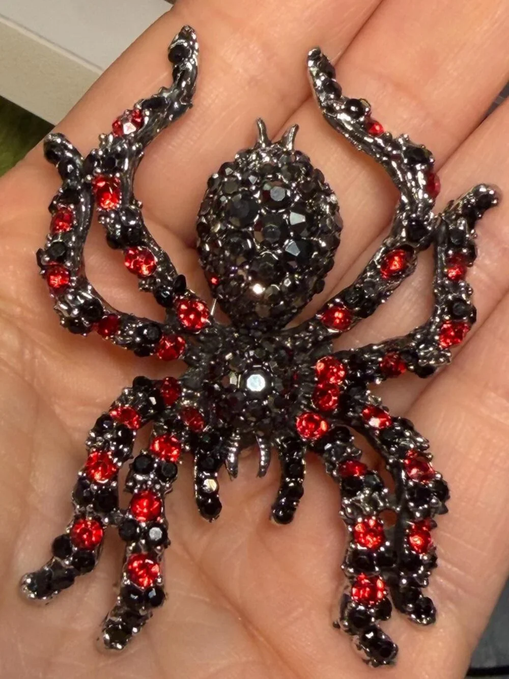 Spider Brooch Black Red Crystal 3D Rhinestone Statement Pin 2.75”